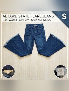 Altar'd State High Rise Super Flare Jeans Dark Wash Raw Frayed Hem Boho Sz S